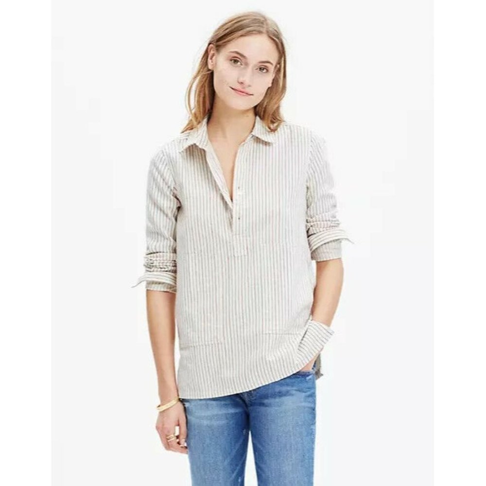 Madewell Striped Pocket Popover Shrit Top Women XL Ivory Red Long Sleeve Casual